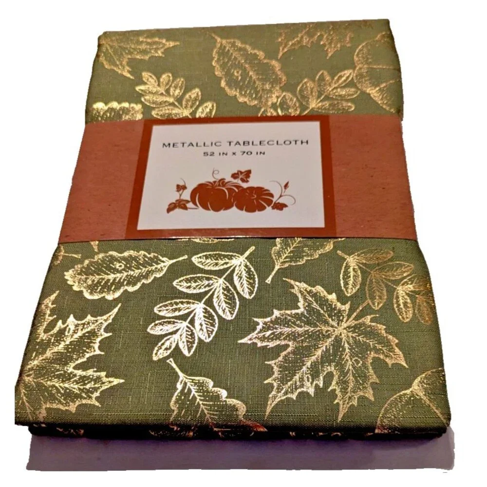 Harvest Green Metallic Gold Autumn Leaves Tablecloth 52 X 70-inch Polyester NEW
